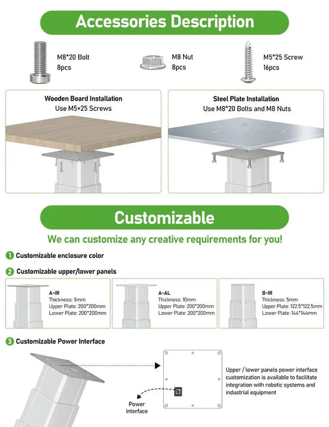 Installation options for Electric Lift Table With Motorized Column 450 Lb Capacity Height Adjustable, including bolts and screws.