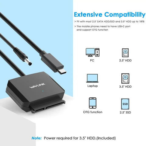 USB C To SATA External Drive Cable With UASP Fast 5Gbps For 2.5 And 3.5 Inch SSD HDD Supports SATA I II III Up To 20TB Power Adapter
