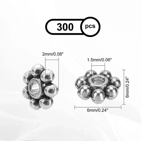 Antique Silver Daisy Flower Spacer Beads 6mm 300Pcs Tibetan Style Alloy Spacer Beads for DIY Jewelry Making