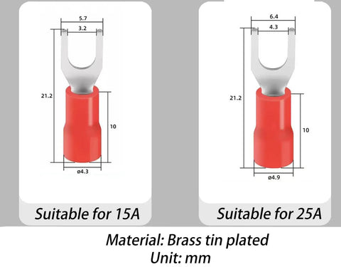 Close-up of insulated fork wire connectors for 15A and 25A, part of Heavy Duty Dual Row Six Position Screw Terminal Block Kit Two Sets 600V 25A With Cover Rock Solid Insulated Barriers And 12 Insulated Fork Wire Connectors For Easy Secure Wiring In Electronics And Control Panels, showing measurements in millimeters.