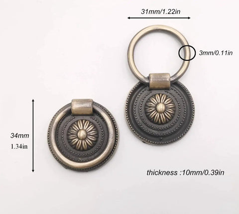 Six Piece Antique Brass Drawer Ring Pull Handles Set For Cabinets Dressers Cupboards And Doors Classic Vintage Style Round Ring Knobs with dimensions