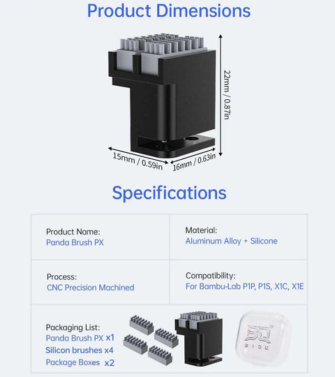 Panda Brush PX Nozzle Cleaning Kit For Bambu-Lab P1P P1S X1 X1C X1E 3D Printers with dimensions and specifications shown.