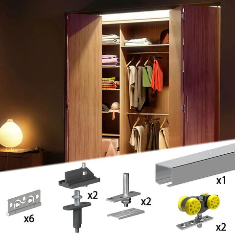 Heavy Duty Ceiling Mounted Bifold Door Hardware Kit With 70 Inch Track For Four Folding Panels Up To 55 Lbs Each, Cut To Fit Opening