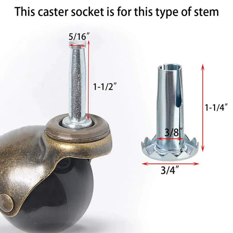Beefy 12 Pcs Heavy Duty Steel Caster Sockets for wheel stems, showing dimensions of 1-1/4 inch high by 3/8 inch diameter, with a wheel.