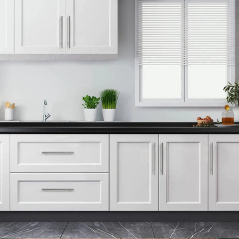 Brushed Nickel Cabinet Handles 10 Pack, Seven And One Half Inch Center To Center installed on white kitchen cabinets