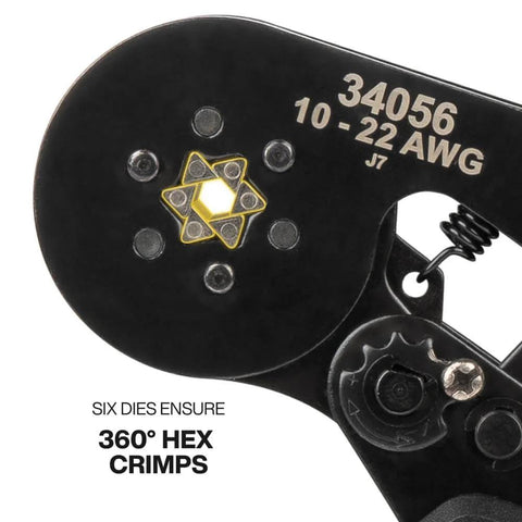 Close-up of Pro Grade Ferrule Crimping Tool With Six Precision Dies For 10 To 22 AWG Wire Terminals Built In Adjustable Ratchet