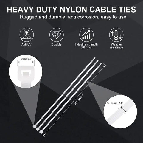 8 Inch Self Locking Nylon Cable Ties Heavy Duty White 100 Pack For Indoor And Outdoor Use showing dimensions and material
