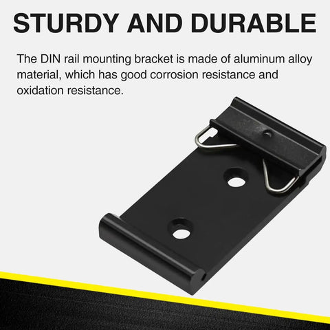 12 Pack Din Rail Mounting Clips One Point Oh Eight Inch Wide Snap In Universal Black Aluminum Alloy Relay Clips for 35mm Din Rail Switches and Injectors Durable Easy Install Great for Electrical Panels and Enclosures, sturdy black aluminum clip with holes for secure grip.