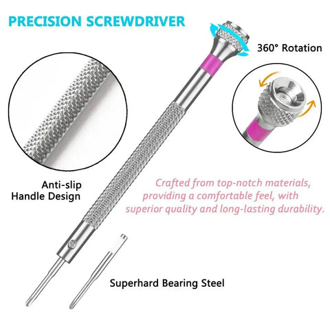Precision screwdriver from 13 Piece Professional Watch Screwdriver Set With Micro Precision Bits, featuring anti-slip handle and 360° rotation.