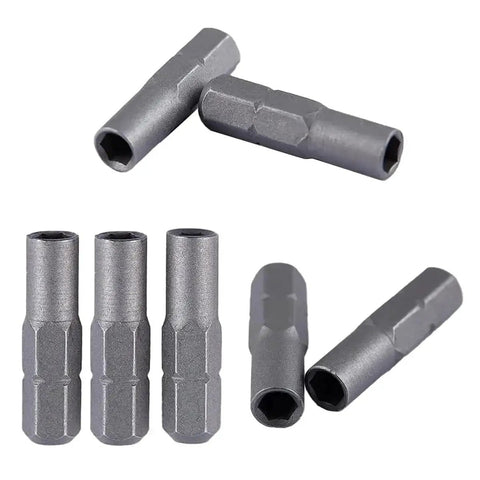 Eight Pack Precision Bit Adapters Set For Micro Bits To One Quarter Inch Hex Converter Six Point Three Five Millimeter To Four Millimeter Shank Magnetic Head Sleeve High Hardness Alloy Steel Fits Electric Drill And Screwdriver Tools, showing steel adapters with magnetic heads.