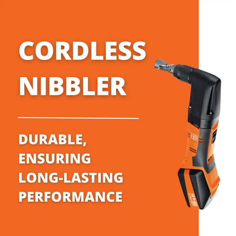 Cordless Nibbler For Roofs And Facades With QuickIn System 18V, durable design shown against an orange background.
