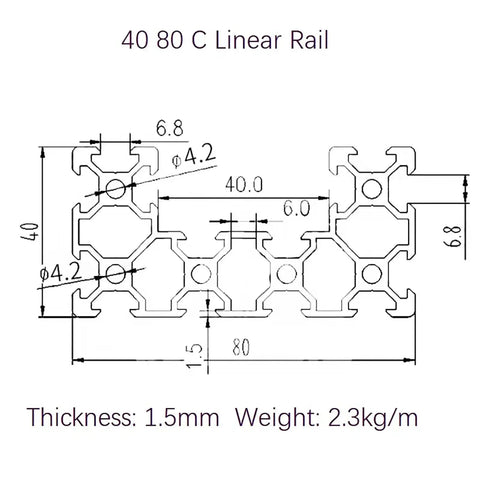 Technical drawing of C Channel U Type 4080 Aluminum Linear Rail 39.37 Inch 1000 mm Extrusion Profile Anodized Black Guide Frame.