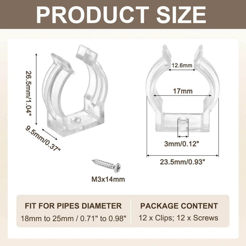 Clear T6 U Clip Light Holder Bracket For LED Tube Fixtures with screws shown in dimensions view, fits T5 18-25mm tubes, pack of 12.