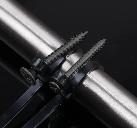 Black 5.9 Inch Nylon Zip Ties With Screw Holes Kit, 100 Pack Zip Ties And 100 M4 X 12 Stainless Steel Screws securing a metal pipe