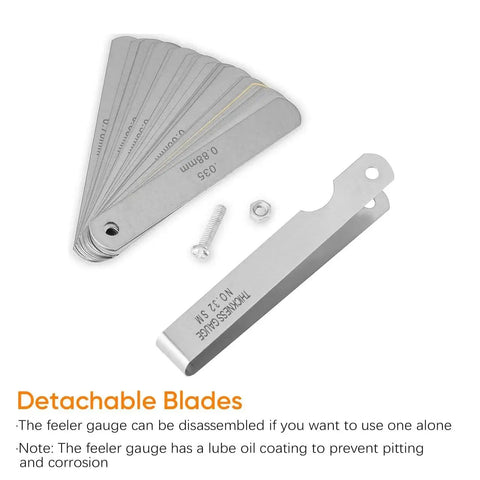 Two Piece Feeler Gauge Set With 32 Blade Main Gauge And 16 Blade Offset Gauge Dual Marked SAE And Metric Sizes for clearance measurement.