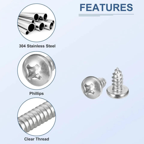 Carbon Steel Nickel Plated Mini Screw Kit With 750 Self Tapping Phillips Pan Head Screws Electronics DIY Assortment In 15 Sizes M1x3 To M1.7x8 Includes Elbow Tweezers Pro Grade Small Screws For PC Repair And Gadgets shown with features of Phillips head and clear thread.