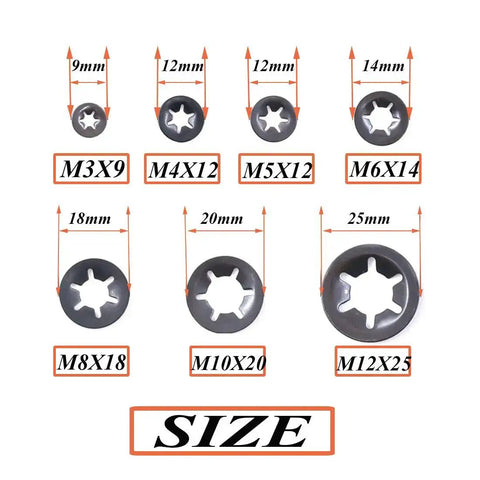 260 Piece Internal Tooth Starlock Locking Washers Set With 7 Sizes M3 To M12 65Mn Black Oxide Steel displayed by size