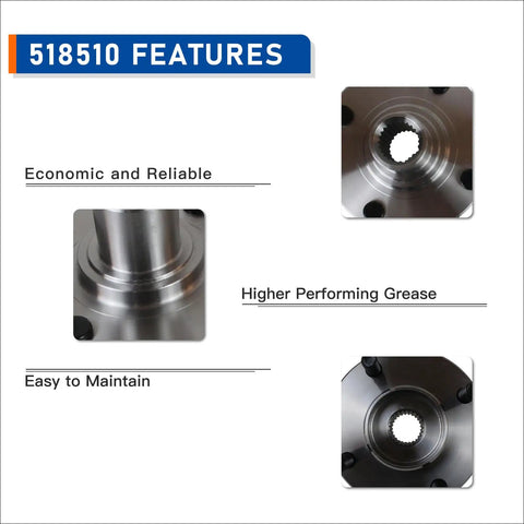 Close-up of 518510 Front Wheel Hub And Bearing Assembly for Ford Focus 2000 to 2011, showing features and material details.