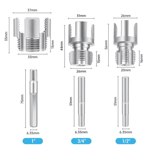 3 Piece PVC Pipe Threader Set For Water Lines - 1/2 Inch, 3/4 Inch, And 1 Inch Dual Function Internal External Threading Tool dimensions