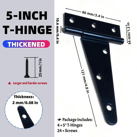 5 Inch T Hinges Heavy Duty 4 Pack Extra Thick 2mm Leaf Black Rust Resistant T Strap with Screws and Dimensions