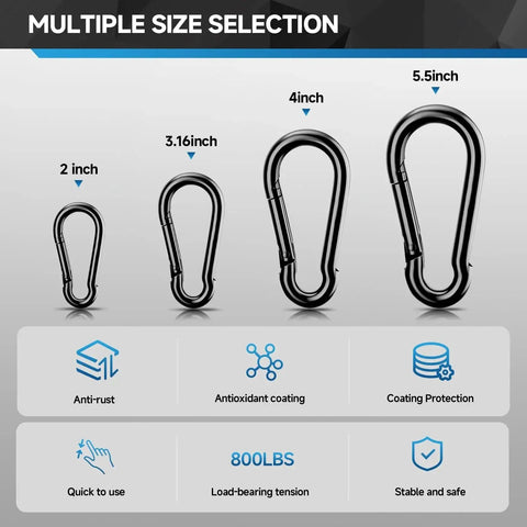 Heavy Duty 4 Inch Carabiner Clips 800 Lb Load For Outdoor Hammock And Camping in multiple sizes with anti-rust coating shown.