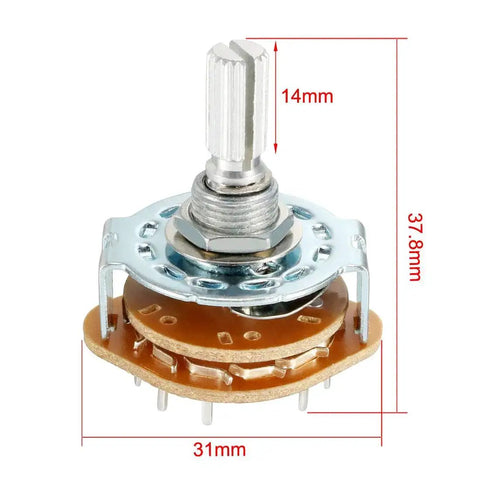 Dope 2 Pole 6 Throw Rotary Switch Selector with plastic knob, 1 deck, 14 pins, shown with dimensions; ideal for DIY electronics.