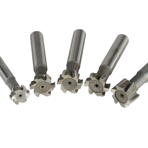 Five Heavy Duty T Slot Milling Cutter HSS End Mill For Woodruff Key Seats And CNC Milling, showing alternate side teeth design.