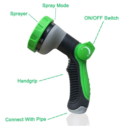 Garden hose spray nozzle, green and black, with adjustable spray dial and on/off switch