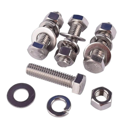 Eight Sets Of 3/8-16 Inch Stainless Steel Hex Head Bolts With Nuts Flat Washers And Lock Washers 1-1/4 Inch Thread Length