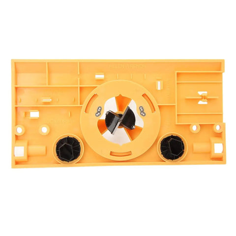 Top view of 35mm Hinge Boring Jig Kit For Woodworking With Accurate Hinge Hole Drilling Guide Locator And One Sixteenth Inch Bit Durable ABS Panel Scratch Resistant Bright Yellow showing bright yellow ABS panel with drill openings.