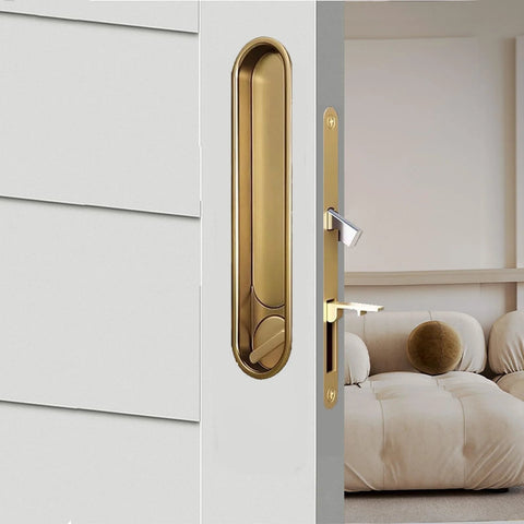 Pocket Door Lock Hardware With Pull Inconspicuous Sliding Door Handle Recessed Lock for Furniture Gold Zinc Alloy Electroplated Brushed Finish