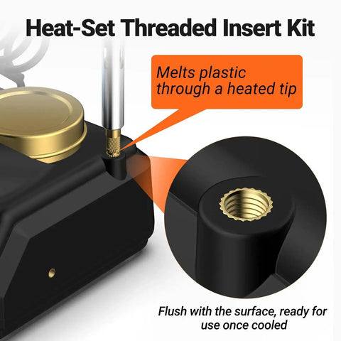 Heat Set Insert Tip Set With Soldering Iron 60W Includes Six Heat Set Tips And 130 Pcs Threaded Inserts For M2 M3 M4 M5 M6 M8 For 3D Printer Parts And Plastic Parts Easy Installation showing close-up of threaded insert in plastic part.