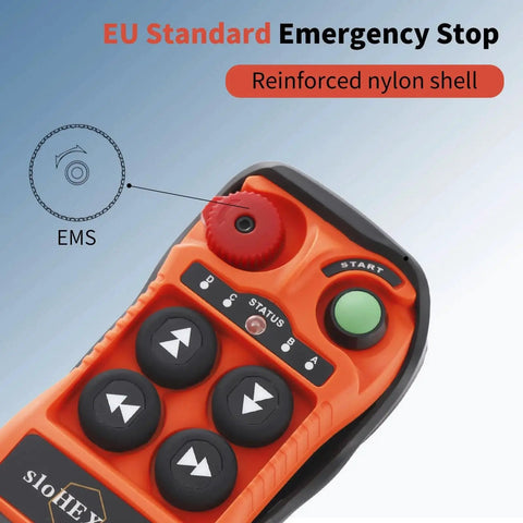Close-up of a 4 Channel Wireless Crane Remote Control Kit 12V 24V With EU Emergency Stop showing buttons and emergency stop feature.