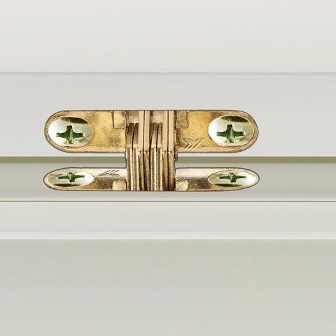 Side view of a Six Pack Concealed Cabinet Hinges Self Closing 1.64 By 1.3 Inches Invisible Quiet Hinges installed on a cabinet door