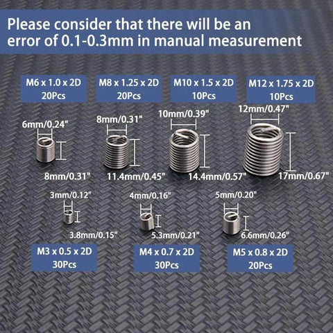 Thread Repair Kit With 140 Pcs 304 Stainless Steel Helical Wire Inserts M3 To M12 In 7 Sizes shown with coiled sleeves