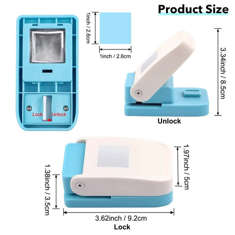 1 Inch Square Hole Punch For Crafting And Scrapbooking, detailed size display, blue and white design with lock and unlock features