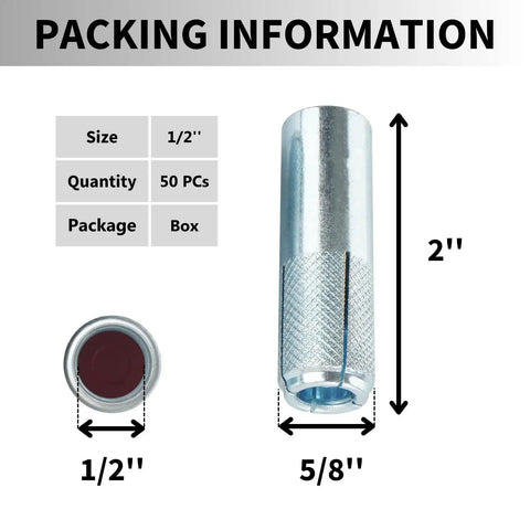 Drop-In Anchors Set, 50 Pc, 1/2 Inch By 13 Zinc-Plated For Concrete, packaging information with anchor dimensions and quantity.