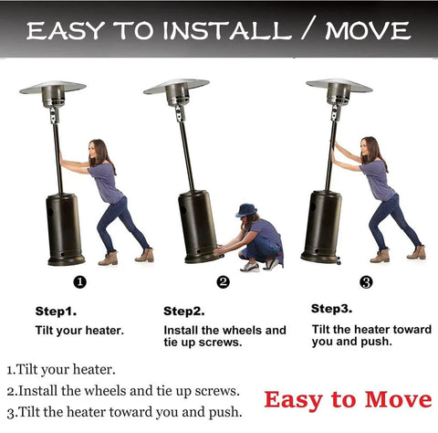 Universal patio heater wheel kit; Amazon brand; 3-step install: tilt heater, attach wheels, push to move.