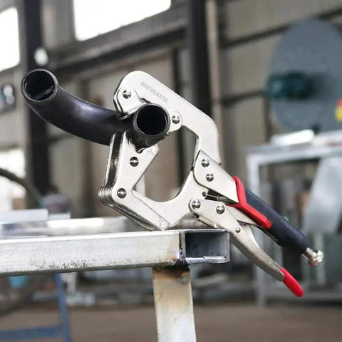Heavy Duty Workhorse Welding Pipe Pliers Clamp With Fast Release C Clamp Locking Large V Pads Adjustable V Jaw Fits 1 Inch 2 Inch And 3 Inch Tubes For Round And Square Tubes 10 Inch 1 Pack Included.