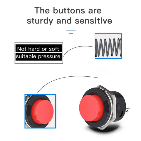 Close-up of red 24Pcs 16Mm Momentary Push Button Switches 2 Pin Self Resetting Round On Off 3A 250V AC with spring detail