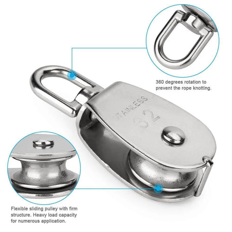4Pcs M32 Single Pulley Block, Creatiee-Pro Heavy Duty 304 Stainless Steel Pulley Roller Crane Swivel Hook close-up view
