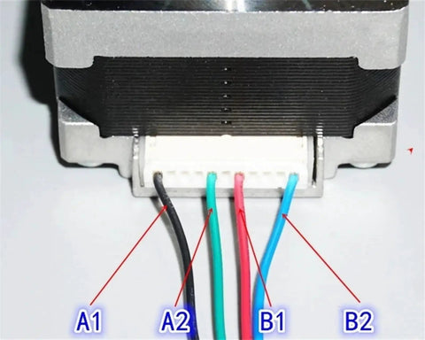 Back view of the 1.8 Degree Nema 16 Flange Stepper Motor 39x39mm, showing 4 wires A1, A2, B1, B2 for CNC and 3D printers connection.