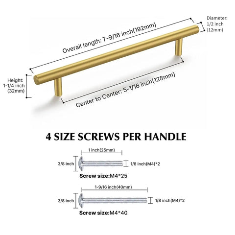 Diagram of Forty Pack Brushed Gold Cabinet Pulls Modern Bar Drawer Handles For Kitchen Bathroom And Bedroom with screw sizes.
