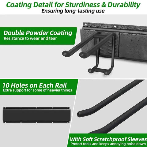 Detailed view of heavy duty garage tool organizer with 48 inch rails and six double layer hooks, featuring coating durability.