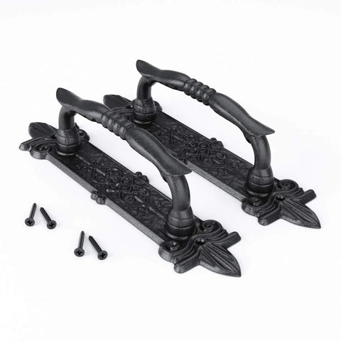 Heavy Duty 9 Inch Antique Barn Door Handle Set Of 2, Big Rustic Carved Door Pull For Gates Garages And Sheds, Black Powder Coated Finish