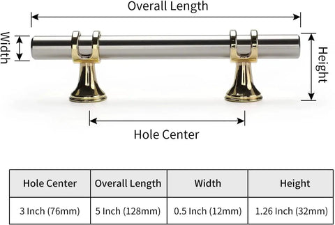 10 Pack Brushed Nickel And Gold Cabinet Pulls For Kitchen Cabinets And Furniture 3 Inch Two Tone Drawer Pulls with dimensions