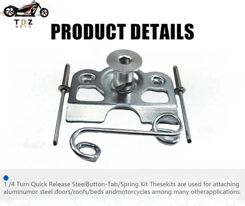 10 Pack Dzus Fasteners One Quarter Turn Quick Release Steel Buttons With Springs And Tab Plates Chrome Finish For Sheet Metal Door Panels Includes 20 Rivets Heavy Duty Hardware, showing single unit with tab, spring, and button.