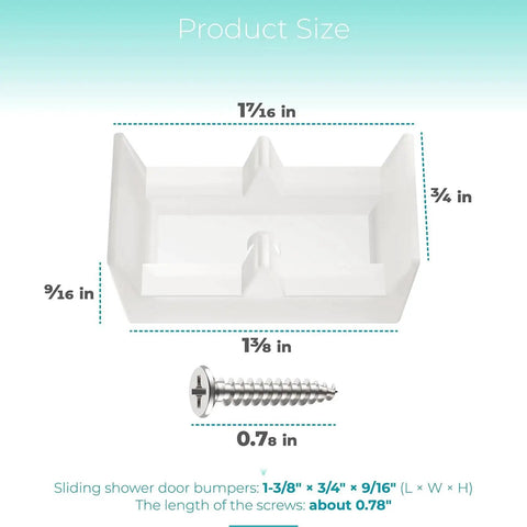 Opaque Sliding Shower Door Bumpers 2 Piece for Sliding Doors and Tub Enclosures, shown with dimensions and screw size.