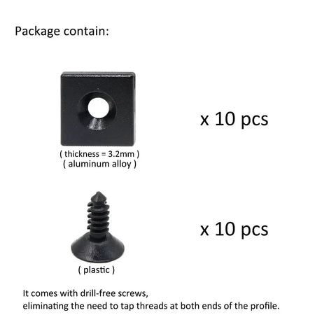 Package content of 10 Pack Aluminum Extrusion T Slot End Cap Brackets For 10 By 10 And 25 Series shown with brackets and screws