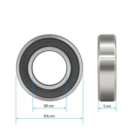 Deep groove ball bearing 8×16×5 mm, chrome steel with black rubber seal, front and side views